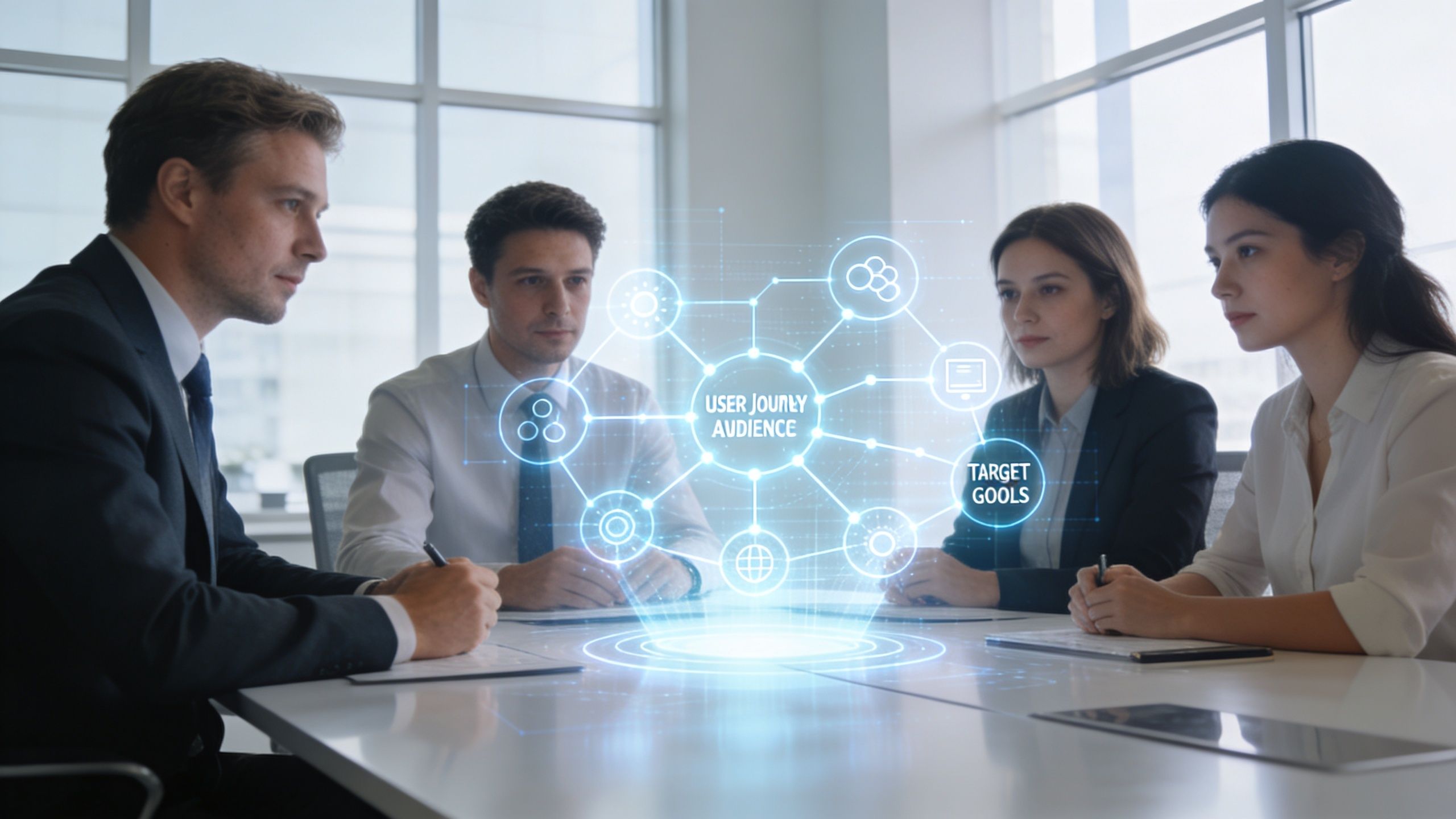 A professional business team sits at a meeting table viewing a holographic digital interface about user journey audience.