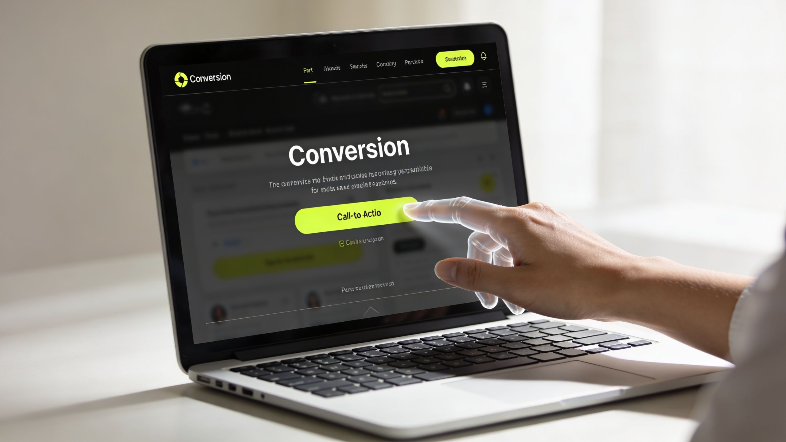 A human finger touching a call to action button on a laptop screen displaying a conversion website.
