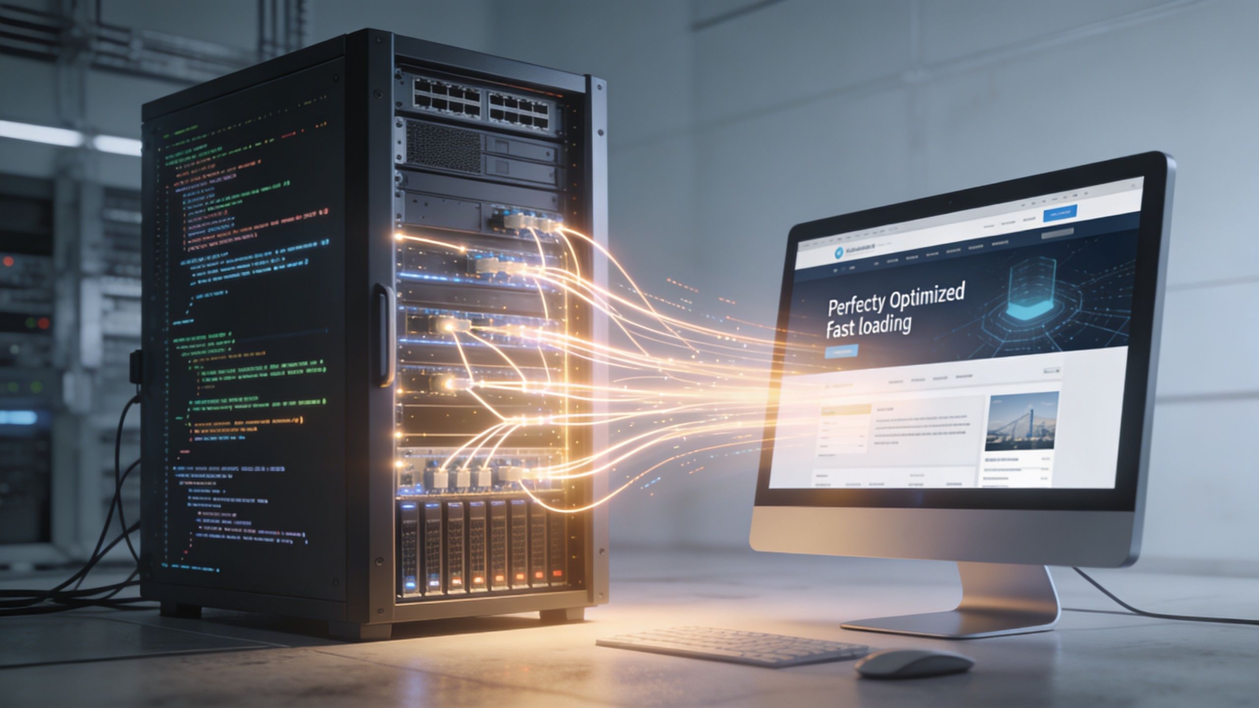 A server rack connected to a desktop monitor displaying a website with fast loading optimization content.